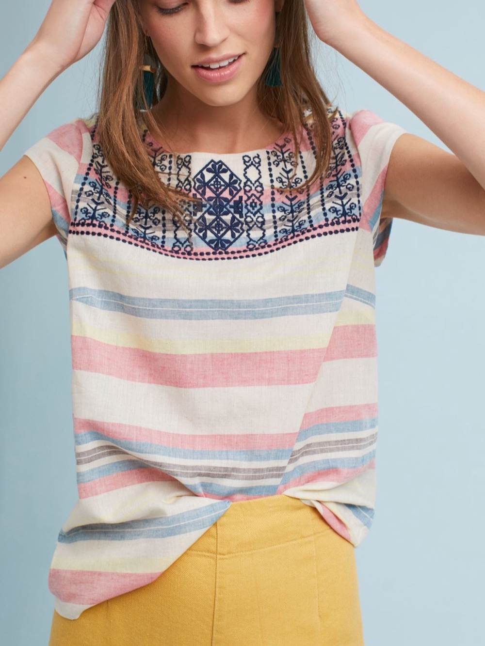 Anthropologie James Coviello Coronado Striped Top Embroidered Boho Linen Size M